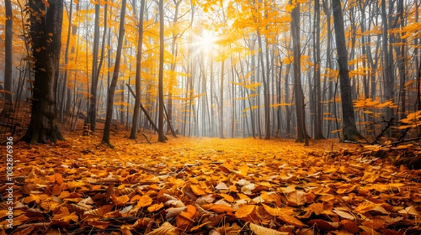 Fototapeta A Magical Autumn: The Enchanting Dance of Fall in a Serene Forest