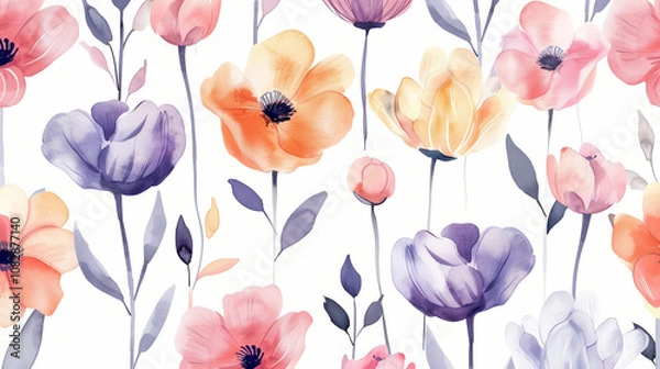 Fototapeta A vibrant watercolor floral design showcases an array of blossoms in shades of purple, orange, and pink, complete with delicate leaves, ideal for spring themes