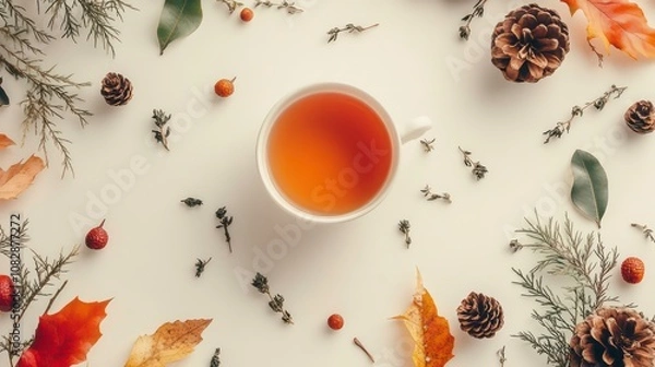 Obraz Cup of herbal tea surrounded by autumn leaves, pine cones, and small natural decorations on a cream background. Concept of cozy fall moments.