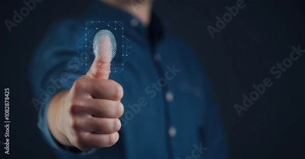 Fototapeta business man Fingerprint scanning and biometric authentication, cybersecurity and fingerprint password, future technology and cybernetics.