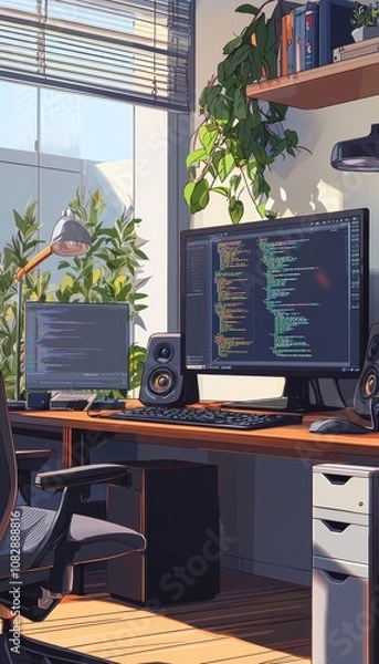Fototapeta AI Development with Voice Recognition Algorithms in a Modern Home Office Setting