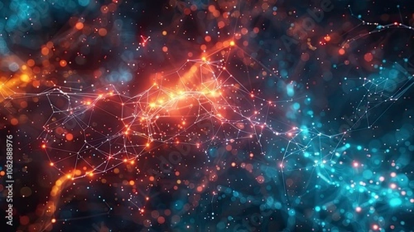 Fototapeta Abstract glowing network of lines and light dots with vibrant colors against a dark background. .