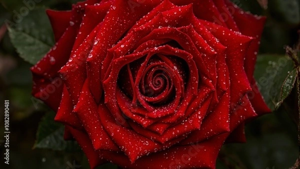Obraz Vibrant red rose with water droplets velvety petals in tight spiral contrasted by dark green leaves