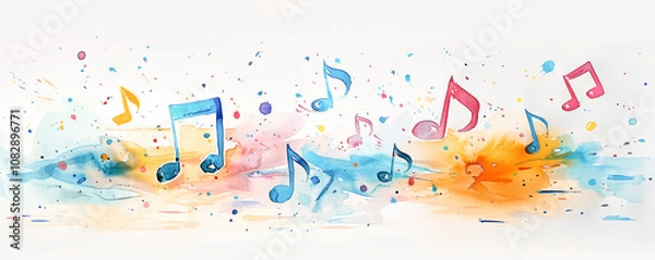 Fototapeta Abstract illustration of musical background with music notes and colorful wavy lines. Concept of the background and backdrop.
