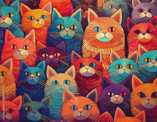 Fototapeta colorful cat wallpaper, colorful cat background, colorful cat pattern, colorful cat pattern wallpaper