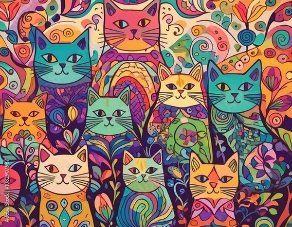 Fototapeta colorful cat wallpaper, colorful cat background, colorful cat pattern, colorful cat pattern wallpaper