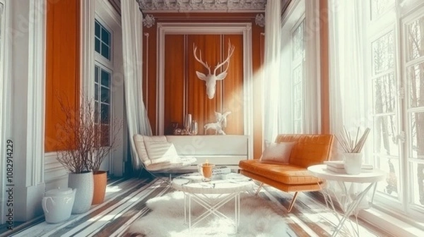 Fototapeta  Bright Scandinavian Room with Minimalist Animal-Inspired Furniture, Clean and Modern Design, Natural Light Flooding the Space, Showcasing Cozy Simplicity and Functional Elegance