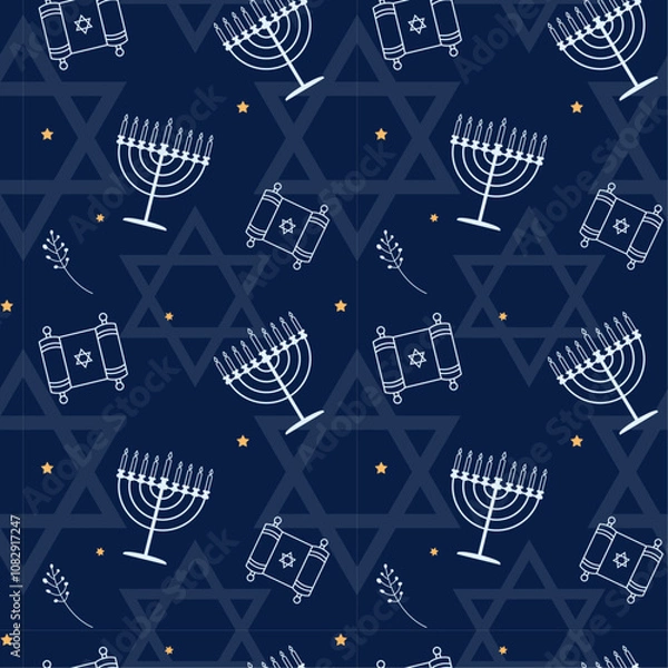 Fototapeta Happy Hanukkah Seamless Pattern with traditional holiday symbols.Hanukkah background with holiday candles and David stars. 