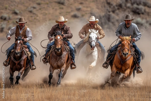 Obraz Cowboys chase on horseback through dusty terrain at sunset near mountains