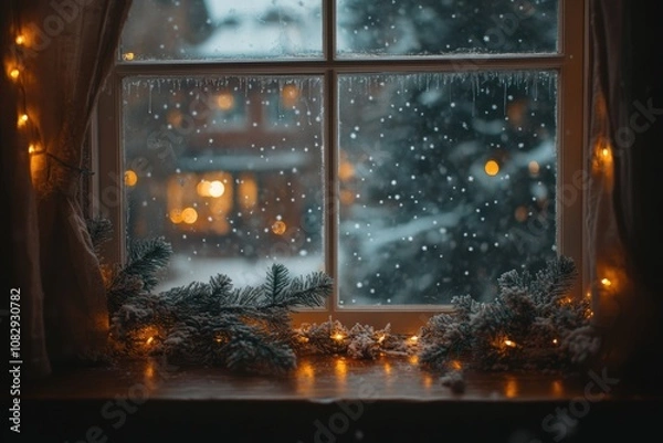 Fototapeta winter wonderland, a peaceful scene snowflakes softly falling outside a window, surrounded by twinkling lights and pine branches on the sill