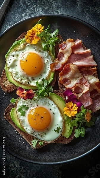 Obraz Delicious breakfast featuring avocado toast with eggs and crispy bacon on a dark plate