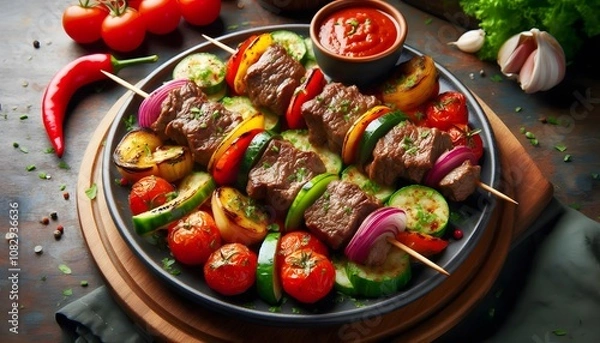 Fototapeta grilled meat and vegetables
