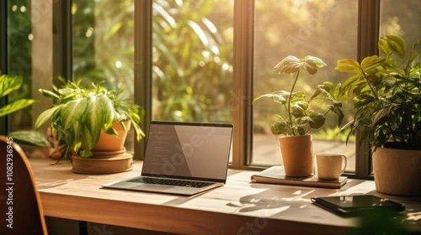 Fototapeta A serene home office is illuminated by warm sunlight, with lush greenery and a sleek laptop, creating an inviting and productive workspace.