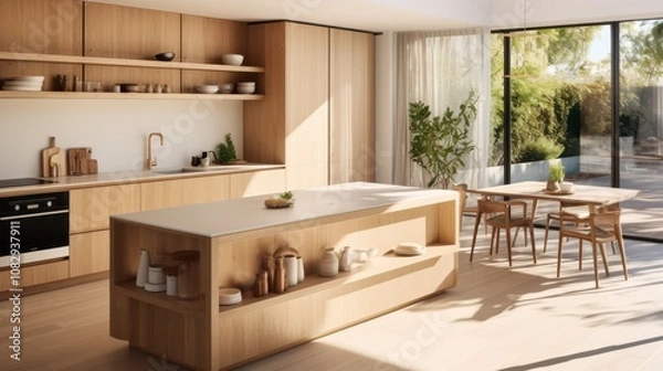 Fototapeta A contemporary kitchen basking in sunlight, featuring chic wooden accents and sleek details, inviting culinary inspiration in a warm, modern environment.