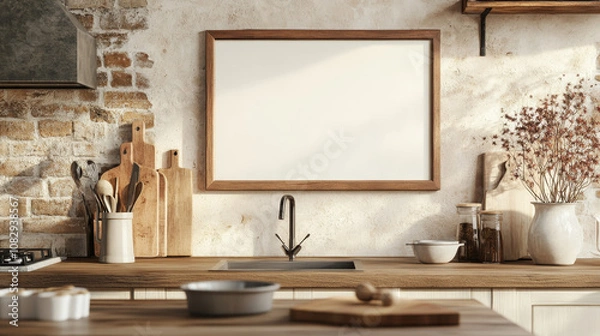 Fototapeta "Stock photo of a frame mockup in a kitchen interior background, styled in a farmhouse design."






