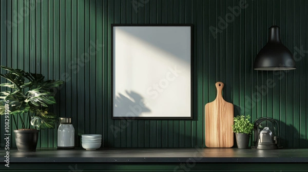 Obraz "Stock photo of a mock-up poster frame in a kitchen interior, featuring accessories and a dark green wooden slatted wall background."






