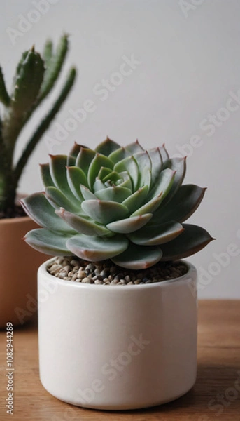 Fototapeta Stylish succulent plant in white pot placed on wooden table for modern home decor