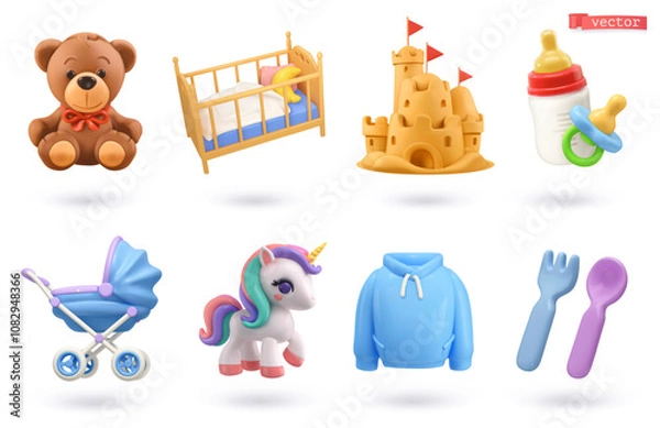 Fototapeta Baby products and toys icon 3d cartoon vector set