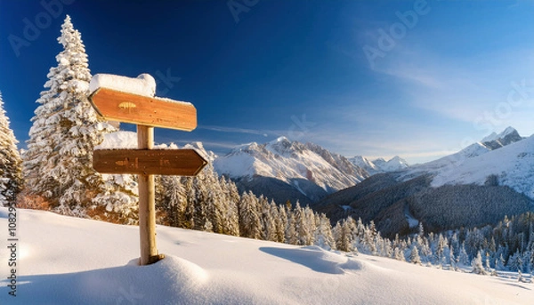 Fototapeta A snow-covered wooden directional sign stands in deep powder snow against a breathtaking backdrop of snow-capped mountain peaks and frost
