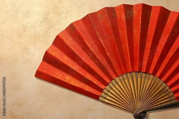 Fototapeta Close-up of a red folding fan with golden accents on a textured beige background