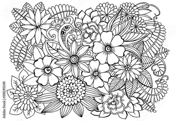 Obraz Coloring page with flowers and leaves
