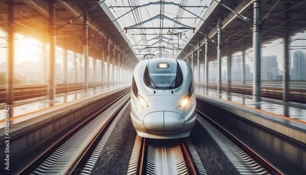 Fototapeta Front view of a high speed train coming toward the camera,