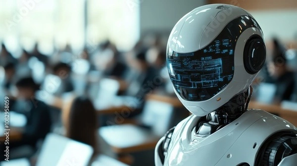 Fototapeta Humanoid robot teacher in hightech college classroom setting