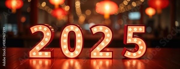 Fototapeta Red lit numbers 2025 on wooden table. New year celebration decor, festive event decoration. Light background with bokeh lights, perfect for greetings, postcards, or festive posters.