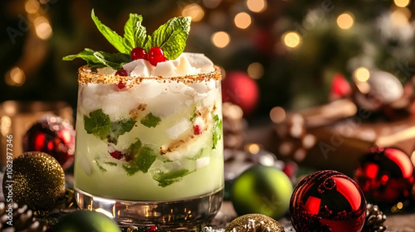 Fototapeta Stunningly Refreshing Coconut Christmas Mojito Highlighted with a Festive Background and Ultra Wild Shot Detail Capture