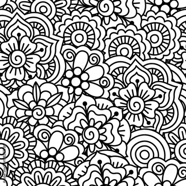 Fototapeta Seamless black and white background. Floral, ethnic, hand drawn elements for design. Good for coloring book for adults or design of wrapping and textile.