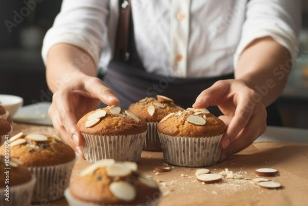 Fototapeta The Art of Baking: Close-up of a baker's hands carefully arranging freshly baked muffins, a delicate touch adding almond slices for a final flourish.