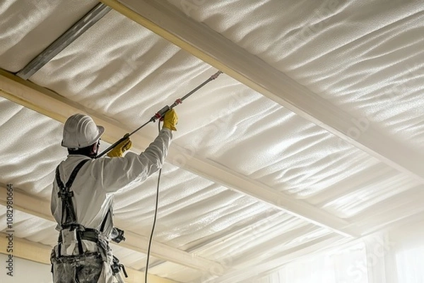 Fototapeta Workers spraying fireproofing material on Steel structure and ceilings inside a commercial building