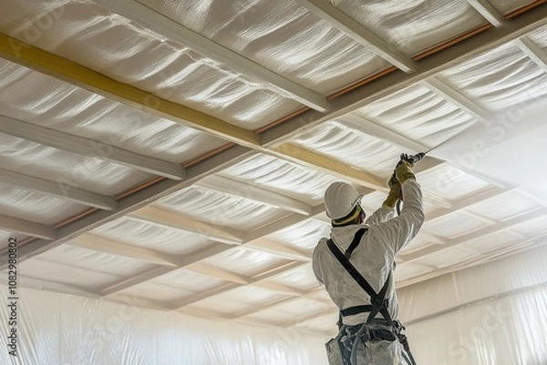 Fototapeta Workers spraying fireproofing material on Steel structure and ceilings inside a commercial building