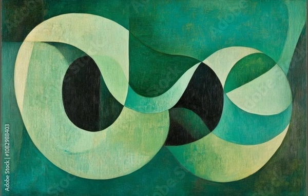 Fototapeta Abstract emerald green and white retro 70s overlapping shapes watercolor concept texture