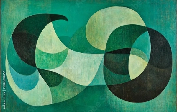 Fototapeta Abstract emerald green and white retro 70s overlapping shapes watercolor concept texture