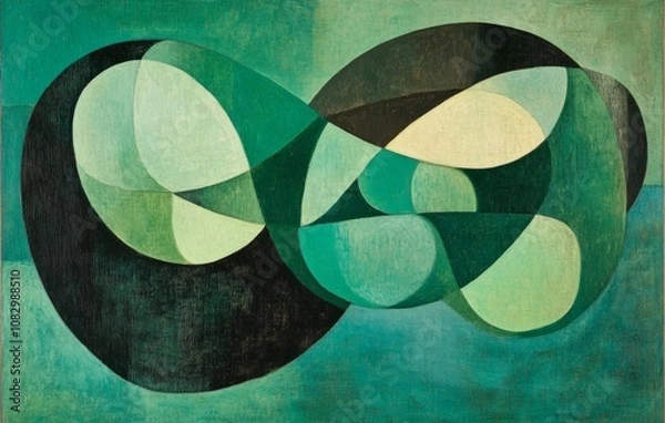 Fototapeta Abstract emerald green and white retro 70s overlapping shapes watercolor concept texture