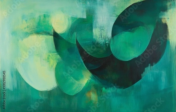 Fototapeta Abstract emerald green and white retro 70s overlapping shapes watercolor concept texture