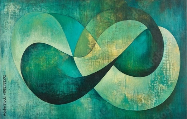Fototapeta Abstract emerald green and white retro 70s overlapping shapes watercolor concept texture