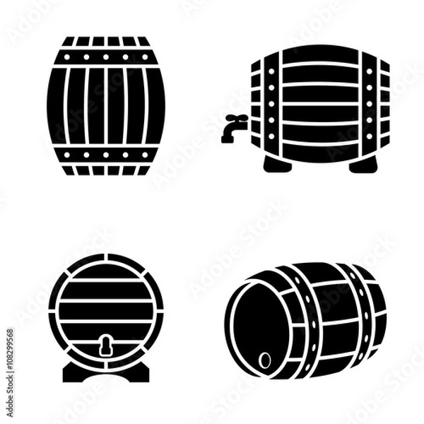 Fototapeta Vector black barrels icons set on white background. Barrel sign.