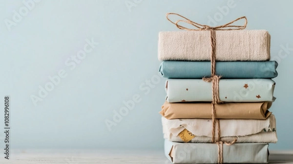Obraz stacked presents in colorful wrapping paper and natural gift cords