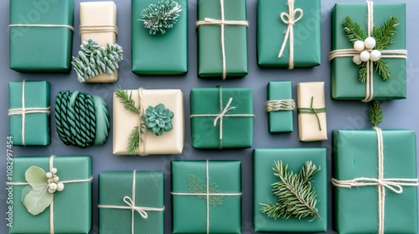 Obraz christmas presents in colorful wrapping paper and natural gift cords with pine cones and fir branches