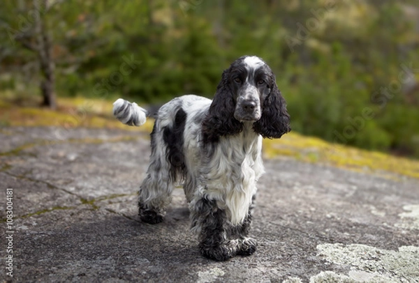 Fototapeta Portrait of a purebred English Cocker Spaniel. The dog stands on a rocky ledge and looks into the frame. The color is blue roan. Trees and a sunset are visible in the background. Summer. Wildlife.