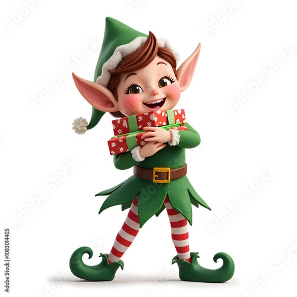 Fototapeta Cheerful christmas elf hugging presents with a bright smile and festive outfit, 3d rendering of character design concept.