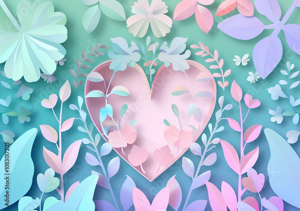 Fototapeta Happy Mother's Day background with heart-shaped and floral elements in a paper-cut style vector illustration design. Happy Mother's Day banner template with white, pink, purple, and blue colors