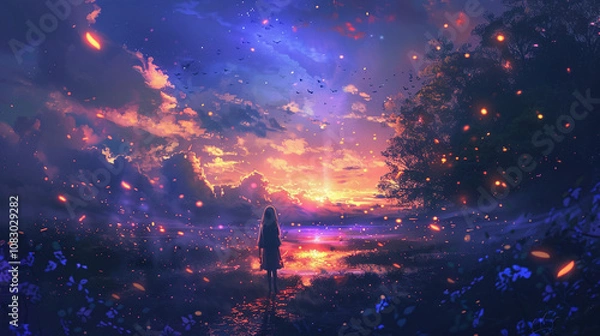 Fototapeta A Serene Sunset View With a Silhouette of a Girl Standing Near a River Surrounded by Colorful Flowers and Sparkling Lights in a Magical Landscape at Dusk