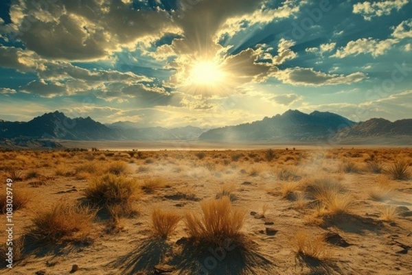 Fototapeta western frontier, in the wild west desert, tumbleweeds roll under the blazing sun, framed by dusty terrain and distant jagged mountains