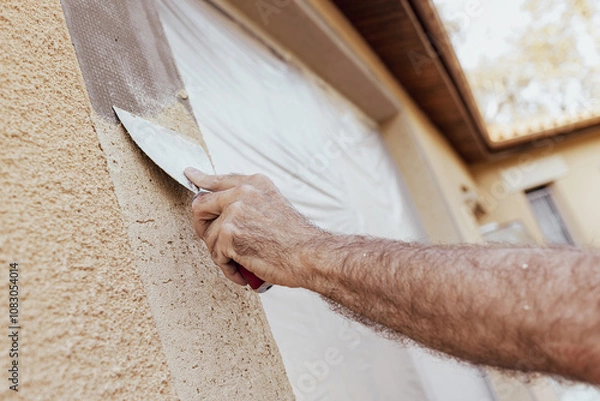 Obraz Worker’s hand plastering exterior walls of a house with a spatula. Renovation of a building facade.