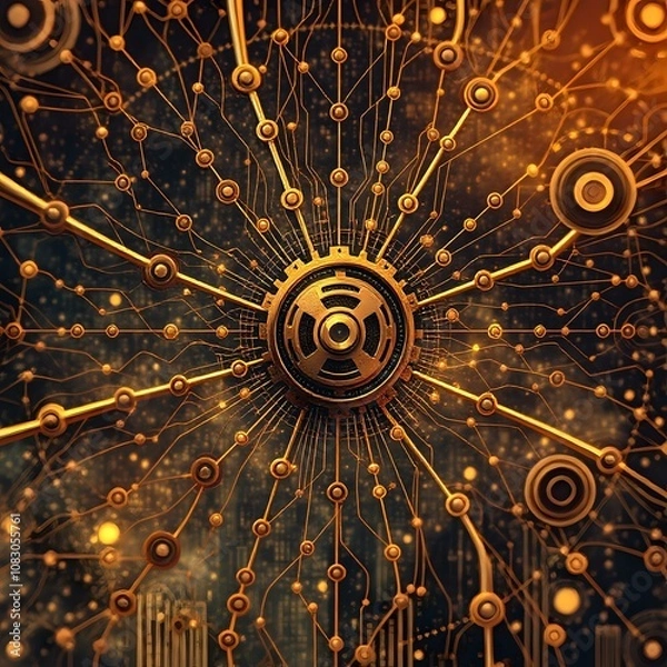Obraz Steampunk Cityscape with Glowing Nodes & Central Orb