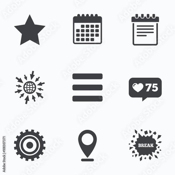 Fototapeta Star and menu list signs. Notepad, gear.