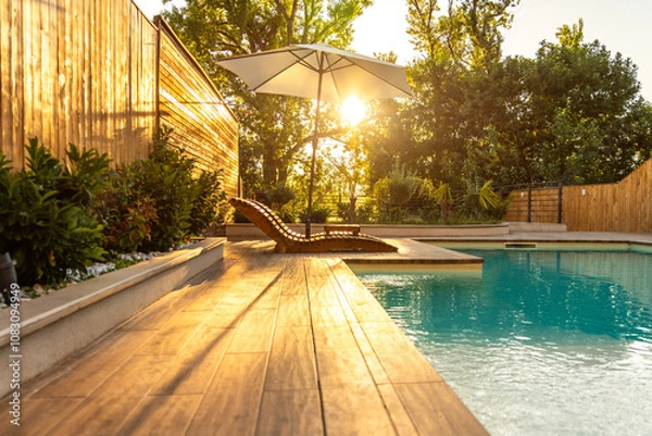 Fototapeta Swimming pool in modern private villa with lounge chairs, palm trees and umbrella at sunset